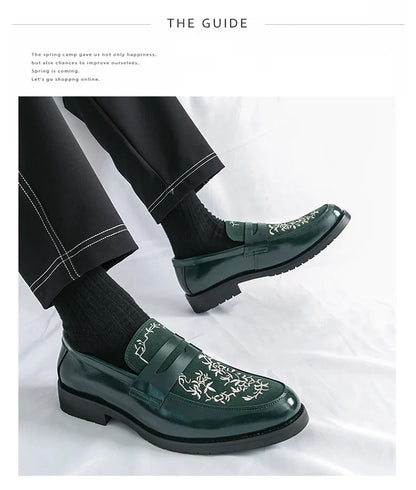 Green Embroidered Man Formal Shoes Autumn Men's Loafers Shoes High Quality Casual Leather Shoes for Men chaussure hommes cuir