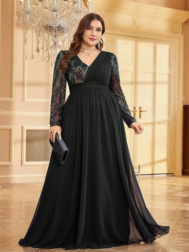 Vestidos de Noite Luxuosos Plus Size de Chiffon Manga Comprida Feminino Lantejoula Vermelho Festa Casamento Coquetel Formatura Comprimento Longo