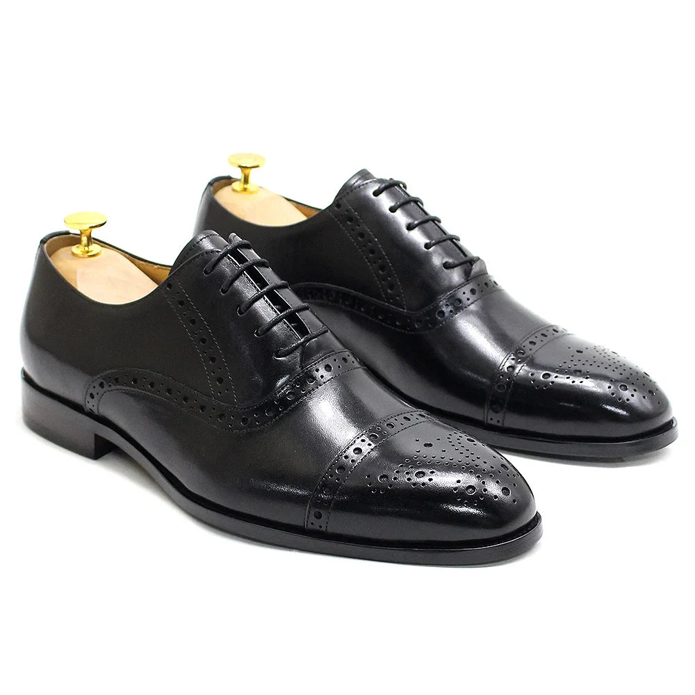 Luxury Genuine Leather Calfskin Cap Toe Oxfords Men's Dress Shoes Italian Style Lace-Up Wedding Business Formal Shoes for Men
