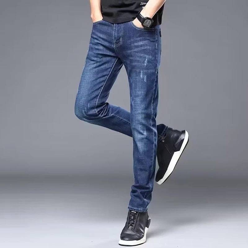 Calça Jeans Masculina Casual Elegante Clássica para Negócios Quatro Estações Preta Azul Calças de Cintura Média Leggings de Tecido Jeans Masculino