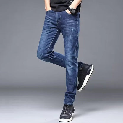 Calça Jeans Masculina Casual Elegante Clássica para Negócios Quatro Estações Preta Azul Calças de Cintura Média Leggings de Tecido Jeans Masculino