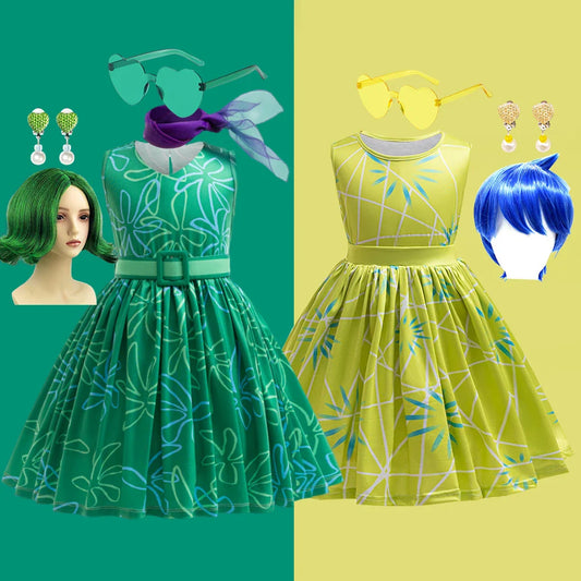 3PCS Full Printing Green Dress for Kids Girl Cosplay Dress+Scarf +Belt Disgust Costume Halloween Disguise Party Joy Clothing