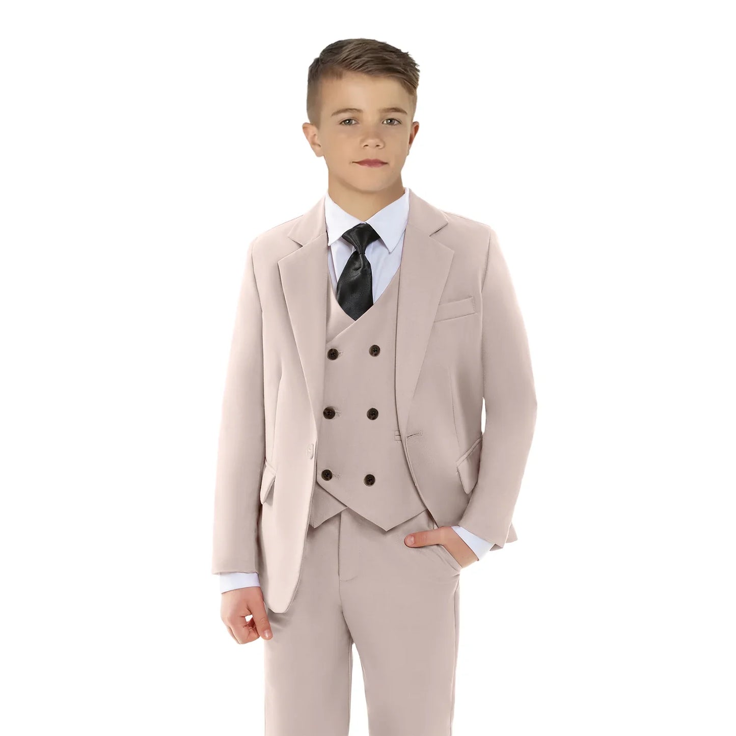 Boy's Solid 4-Piece Suit Set, Single Button Blazer Jacket, Vest, Pants Bow-tie, Wedding Party Dresswear for Kids In Stock