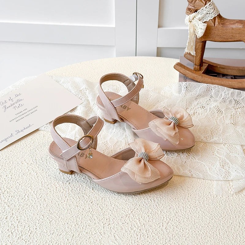 Girls Sandals Fashion Bow Girls High Heels Pink Kid Non-slip Princess Performance Shoes 3-18 Years Old Children's Leather Shoes