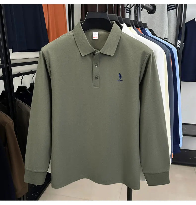 2025 autumn men's long sleeved T-shirt with a solid color polo shirt and a loose casual plus size base shirt