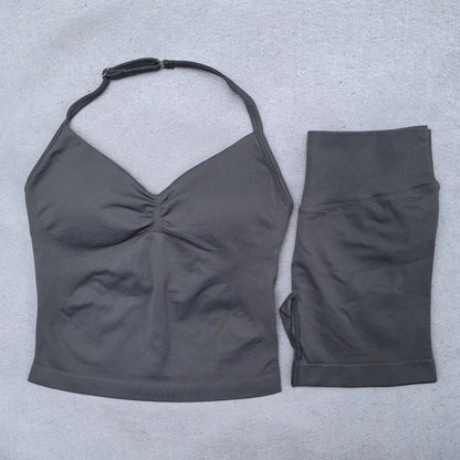 2 Pieces Yoga Set Women Backless Halter Tops High Waist Seamless Shorts Gym Suit Fitness Clothes Sportswear Workout Sets