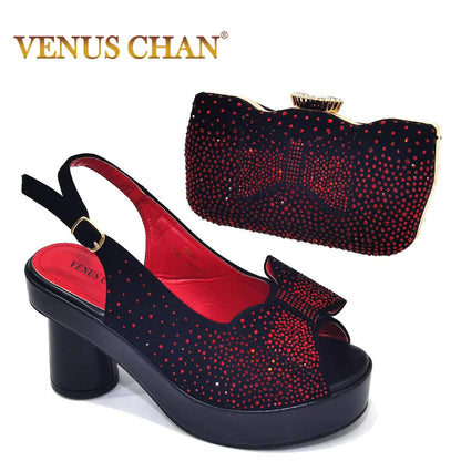 Silver Fashion Square Heels with Platform African Women Shoes and Bag Set Full Crystal Pumps for Wedding Party