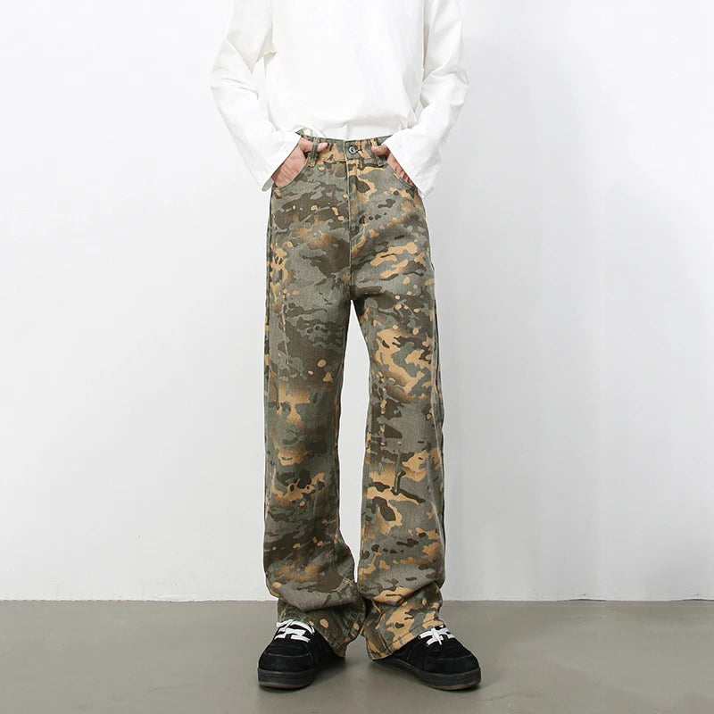 Tide Camouflage Jeans Men's Ins Loose Straight Wide Leg Casual Denim Pants Loose Male Trousers 12C2036