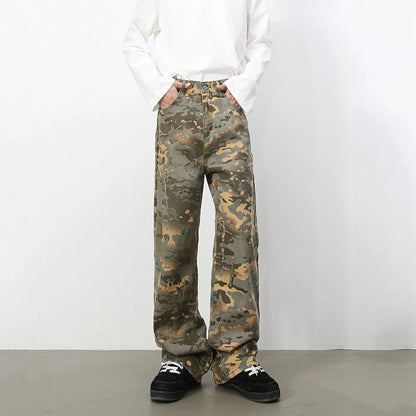Tide Camouflage Jeans Men's Ins Loose Straight Wide Leg Casual Denim Pants Loose Male Trousers 12C2036