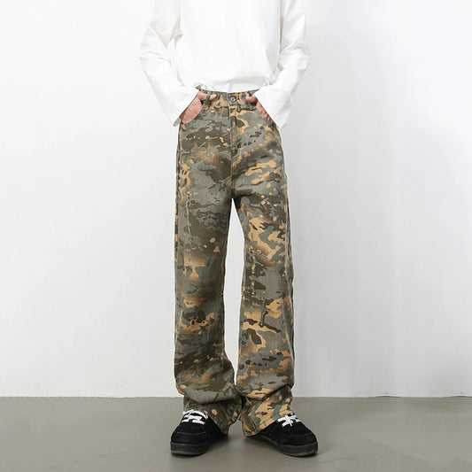 Tide Camouflage Jeans Men's Ins Loose Straight Wide Leg Casual Denim Pants Loose Male Trousers 12C2036