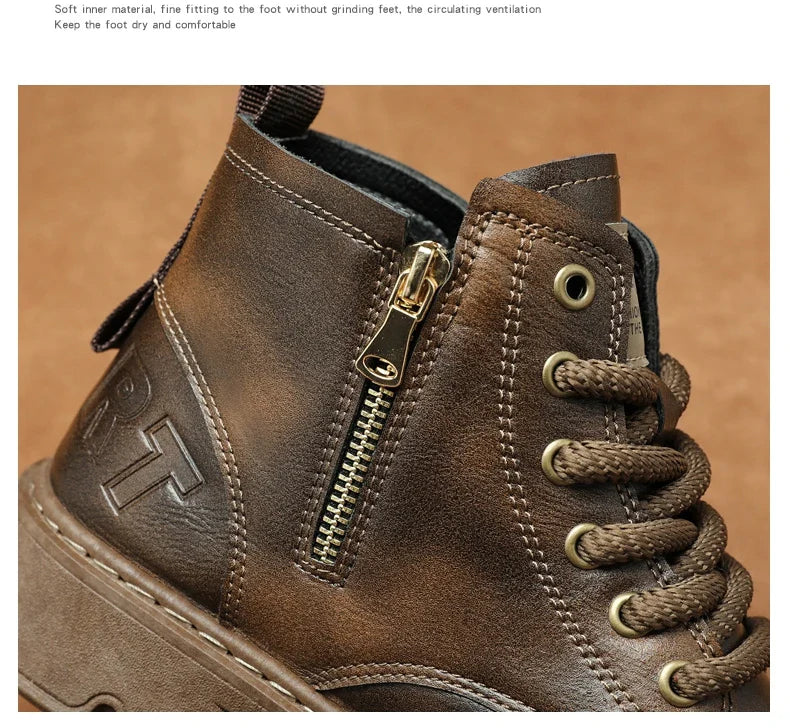 New MEN'S BOOTS with Retro Style Leather Boots, Thick Soles, Wear-resistant MEN'S High Top Casual Shoes, Side Zippers