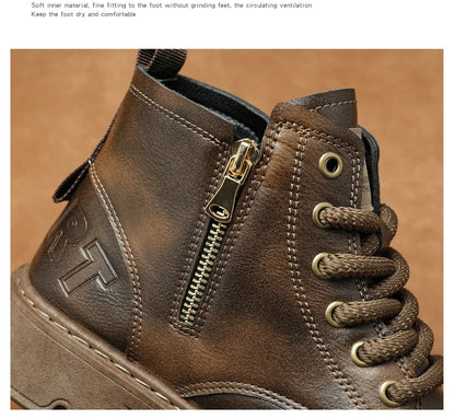 New MEN'S BOOTS with Retro Style Leather Boots, Thick Soles, Wear-resistant MEN'S High Top Casual Shoes, Side Zippers