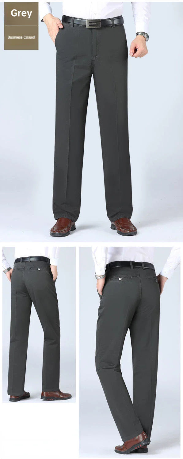 Men's Office Business 100% Cotton Pants Summer Thin & Autumn Thick High Waist Straight Loose Solid Bland Suit Slacks GOZBKF