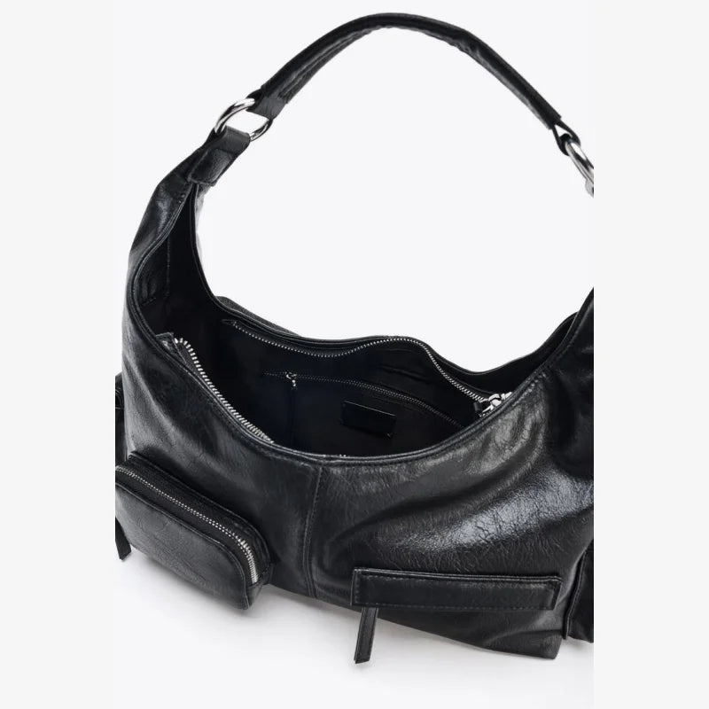 WOMEN'S CRACKLED EFFECT POCKET BAG, New Luxury Designer Punk Style Shoulder Hobo Bag, Multiple pockets Motorcycle Bag for Women
