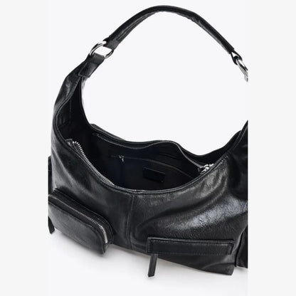 WOMEN'S CRACKLED EFFECT POCKET BAG, New Luxury Designer Punk Style Shoulder Hobo Bag, Multiple pockets Motorcycle Bag for Women