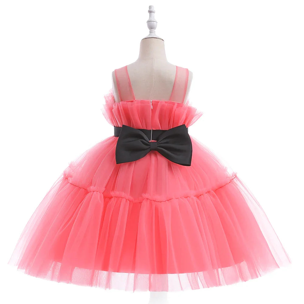 Summer Ruffles Bridesmaids Party Girls Dress Elegant Bow Wedding Birthday Princess Dresses Girl Tulle Pageant Evening Costumes