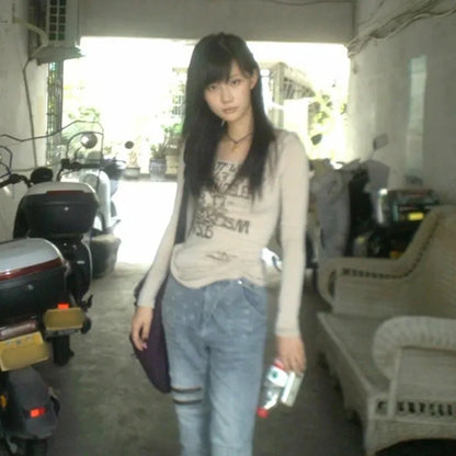 Karrram Camiseta Japonesa Y2k com Estampa de Letras Trashy Estilo Anos 2000 Blusas Caneladas de Manga Comprida Vintage Harajuku Streetwear Retrô Americano