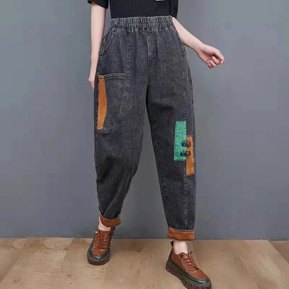 Vintage Patch Denim Stretch Harem Pants for Women