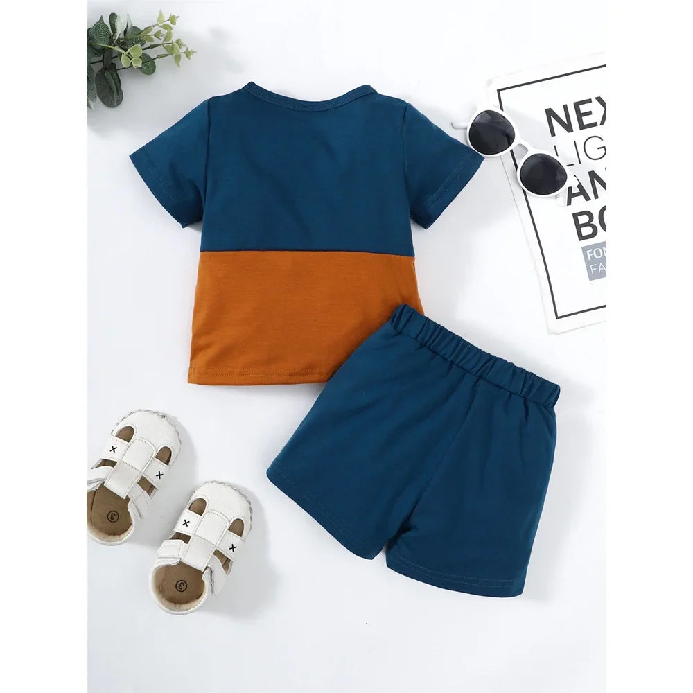 2PCS Summer Toddlers Boy Outfits Short Sleeve Pullover Color Block Top+Pants Fashion Casual Sports Set for Kids Boys 1-4 Years