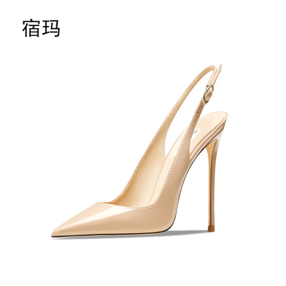 Matte black sandals, women's new style, slim heel, shallow mouth, versatile, toe cap, back strap, work high heels