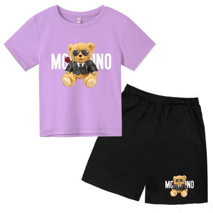 Boys Girls Summer Casual 2Pcs Set Lovely Bear Letter Print T-shirt & Shorts Comfortable Sports Running Suit