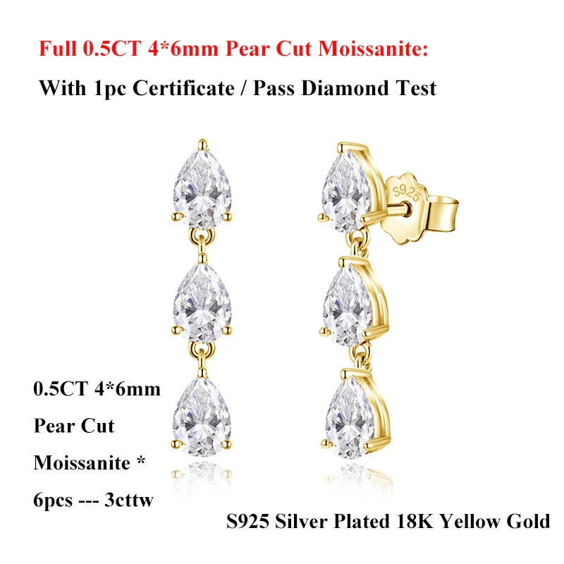 Pear Cut 3-Stone Full 3EX Moissanite Short Dangle Drop Earrings for Women s925 Silver Teardrop Earring Party Jewelry Gift