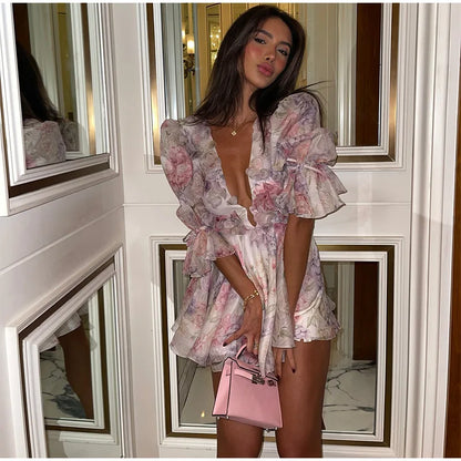 Fashion Flower Printed Ruffles Mini Dress For Women Chic Chiffon Bodycon High Waist Vestidos 2025 Lady Vacation Street Gowns New