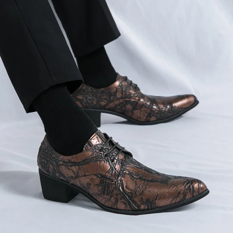 Men High Heeled Lace Up Derby Shoes PU Embossed Fashionable  Comfortable Business Formal Banquet Men Shoes