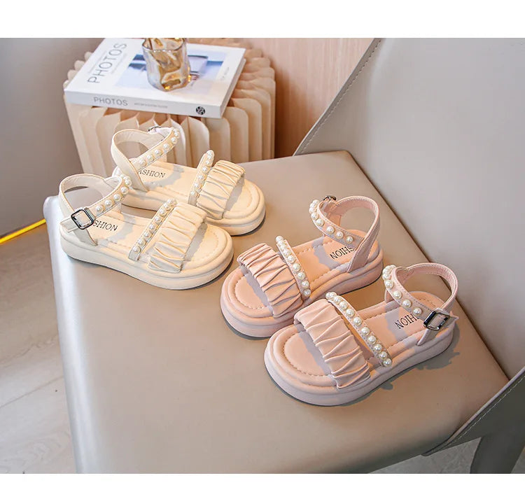 Girls Sandals Kids Summer Shoes Children's Beach Sandals with Pearls Princess Sweet Anti-slippery Open Toes Lace Chic Beading