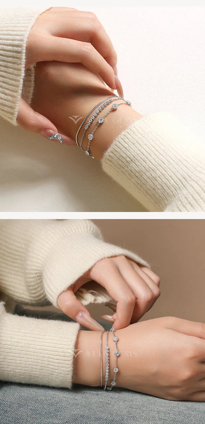 Three Layer Stacking Moissanite Bracelets 925 Sterling Silver Adjustable Women's Bracelet 16+3cm Charming Party Jewelry