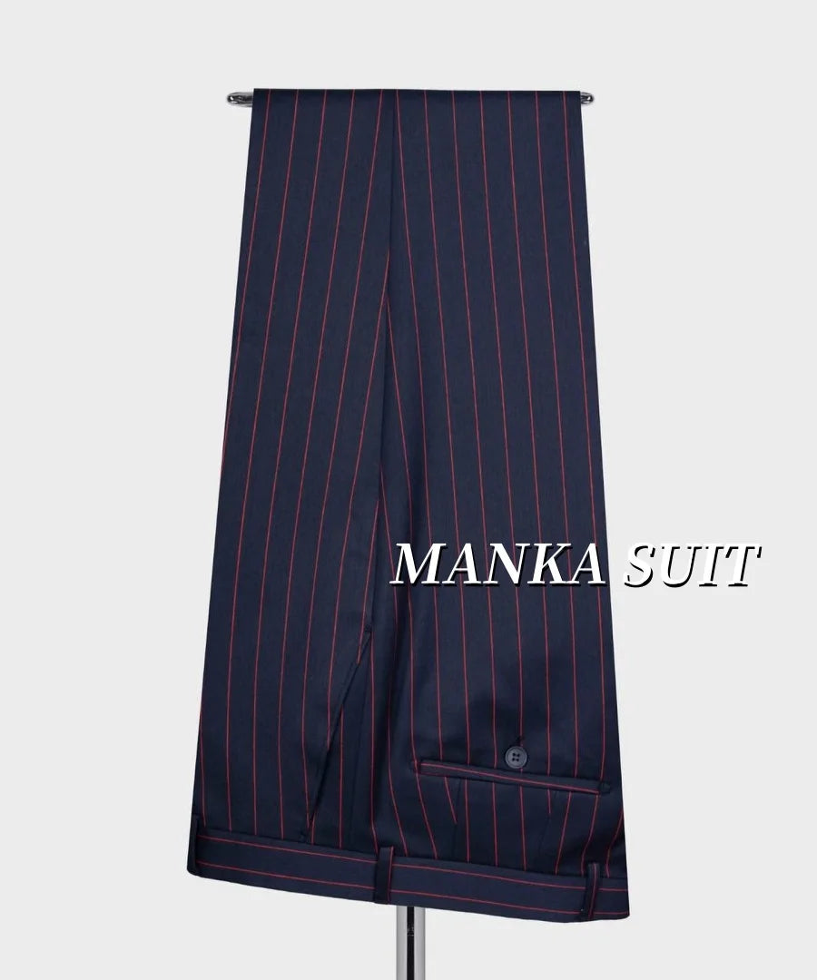 Peak Lapel Navy Blue Red Stripe Smart Casual Suits for Men Double Breasted Jacket Pants Formal Party Business Office  Man Suits