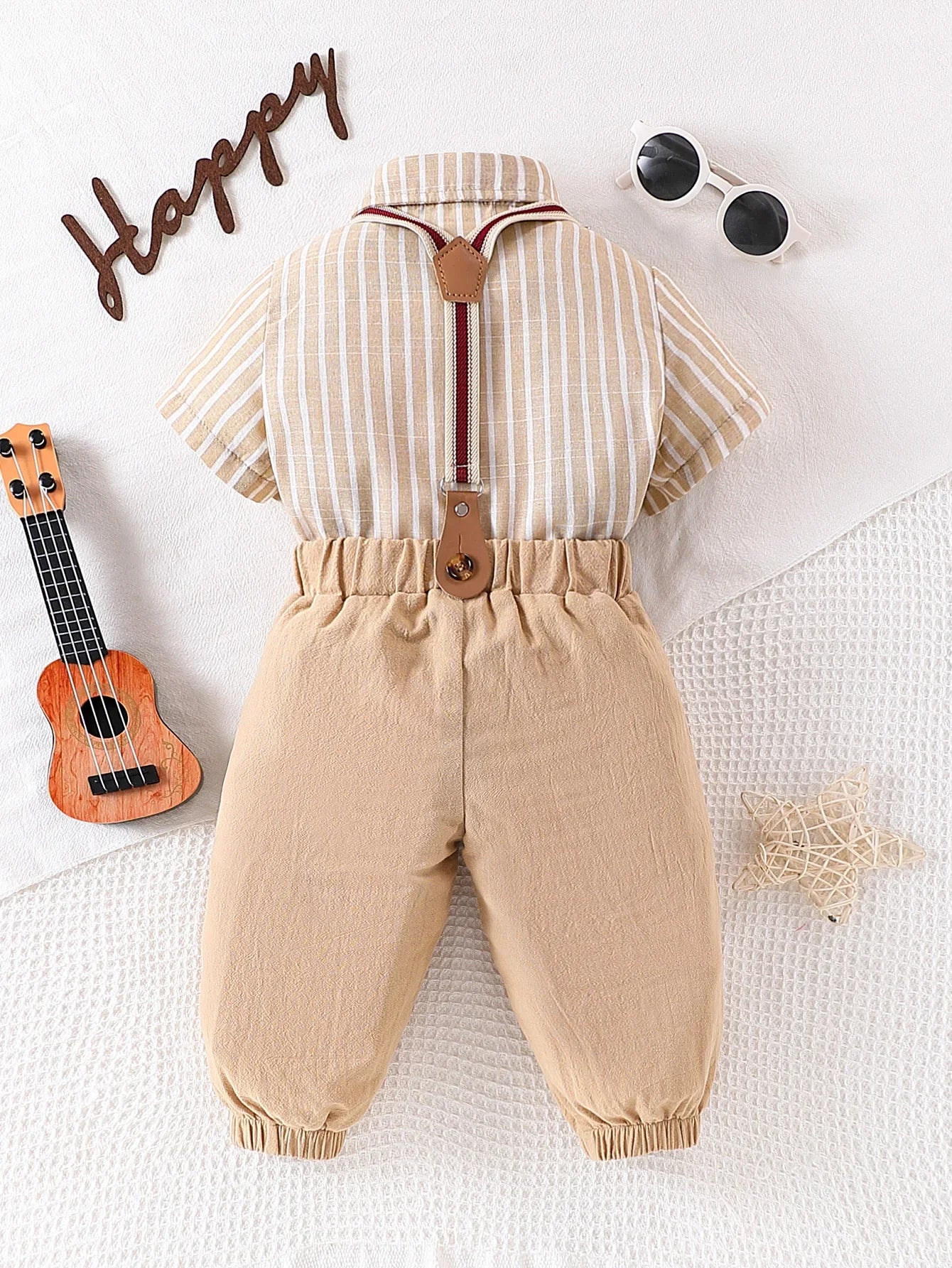 2-piece set of male baby gentleman's clothing, short sleeved shirt, bow tie, tie and suspender, long pants, spring and summer