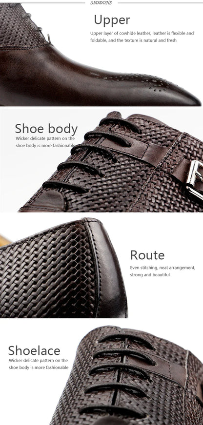 Mens Formal Genuine Leather Shoes Fashion Zapato Social Male Wedding Dress Loafer Weave Printing Lace-up Daily Brogue Shoes