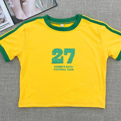 PORTUGAL Cute 2000s Aesthetics Letter Print Blue Baby Tees Y2K Streetwear O-neck Short Sleeve Crop Tops Women Fashion 2023 Slim