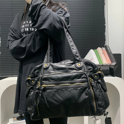 Women's Fashion Retro Tote Bag Soft PU Leather Large Capacity Shoulder Bag Y2K Punk Multi Pocket Crossbody Handbag