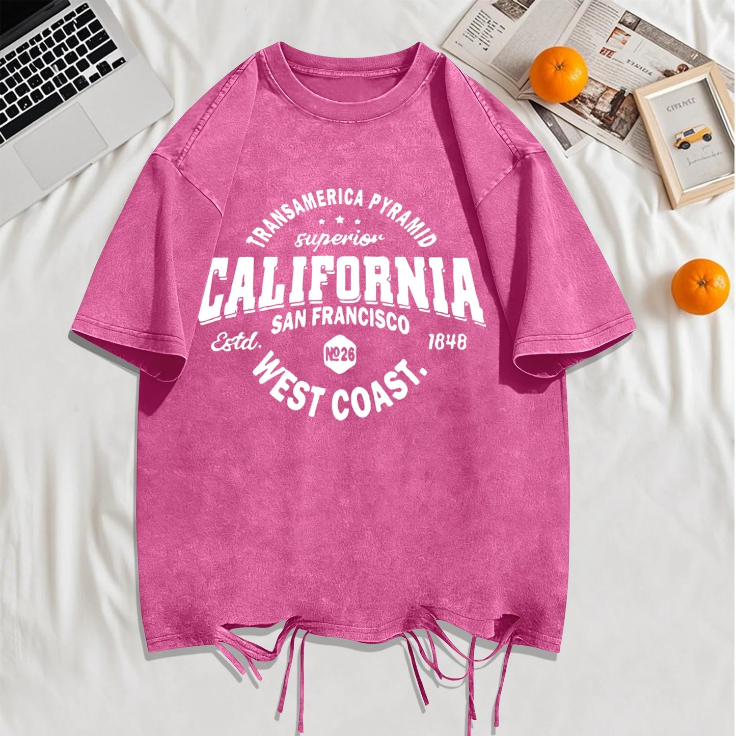 California Sanfrancisco Weat Coast Washed Holes T-Shirt Mens Cotton Soft T Shirts Crewneck Loose Clothes Multicolor Short Sleeve