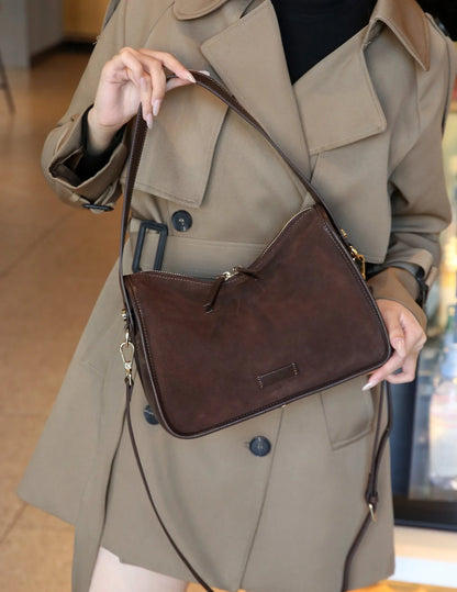 Suede Cowhide Fashion Ladies Shoulder Cross Coffe Bag Genuine Leather Luxury Designer Women's Brown Handbag Female Crossbody Bag