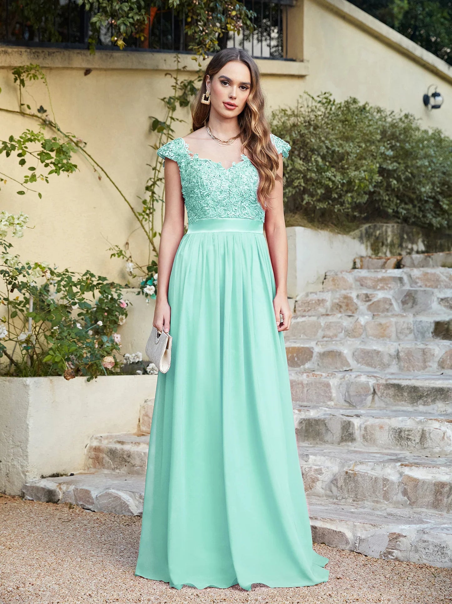 A-line V Neck Sleeveless Floral Lace Chiffon Back Hollow Long Paty Bridesmaid Dress Women 2024 For Wedding Sexy Evening Dress
