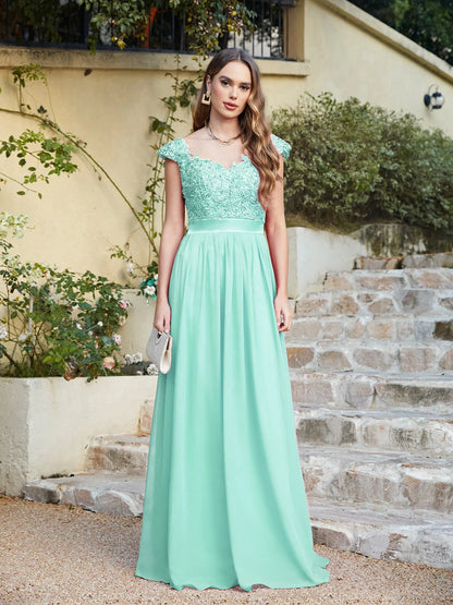 A-line V Neck Sleeveless Floral Lace Chiffon Back Hollow Long Paty Bridesmaid Dress Women 2024 For Wedding Sexy Evening Dress