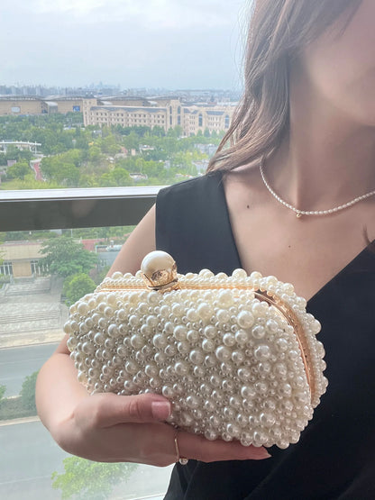 Fashion Elegant Women White Beige Luxury Special Crystals Beaded Pearl Evening Clutch Bags Wedding Party Handbag Beaded