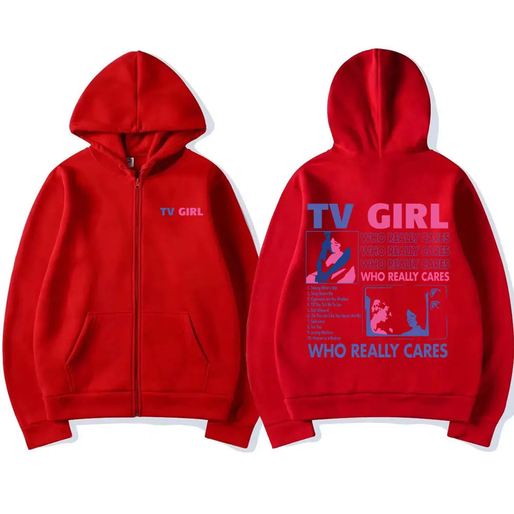 TV Girl Who Really Cares Graphic Print Zipper Hoodie Men Women Fashion Casual Oversized Zip Up Jacket Male Fleece Sweatshirts