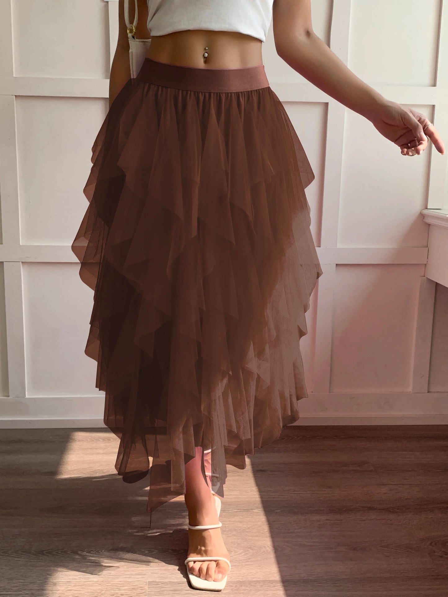 Medium waist chiffon long skirt for women, irregular layered pleated edge layered cake skirt, elegant fairy A-line skirt