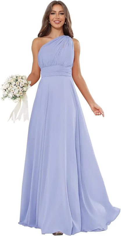 Vestidos de Daminha de Um Ombro para Mulheres Vestido de Noite Formal Longo de Chiffon Plissado Vestidos de Madrinha para Casamentos