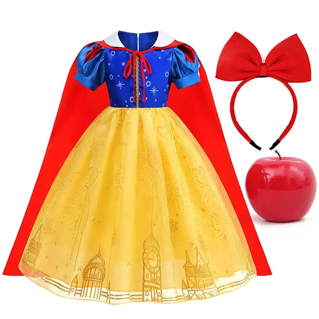 Vestido Laranja Disney Princesa Cosplay de Manga Curta Fofo com Renda para Meninas + Capa + Conjunto de Acessórios Presente de Aniversário