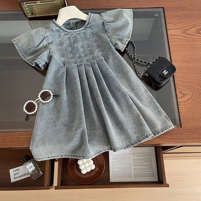 Girls Denim Dress Summer Korean Style Kids Puff Sleeve Jean Dress Light Blue Washed Soft Children Dresses Toddler Girl Clothing