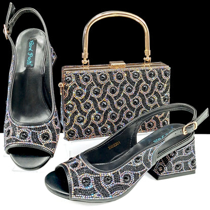 Rhinestone Design INS Hot Sale New Arrivals African Shoes and Bag Set in Green Color Open Toe Comfortable Women Heels