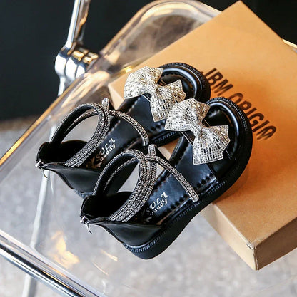 Girls' Shiny Cool Rhinestone Bowknot Children's Sandals 2023 Summer Open-toe Versatile Kids Fashion Back Zipper Casual Shoes New