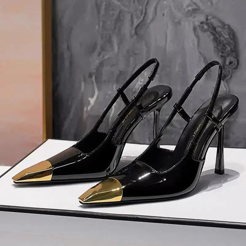 New Summer Women's High-heeled Sandals Gold Iron Head Patent Leather Black Stiletto Square Head Closed Toe Sling Back Shoes