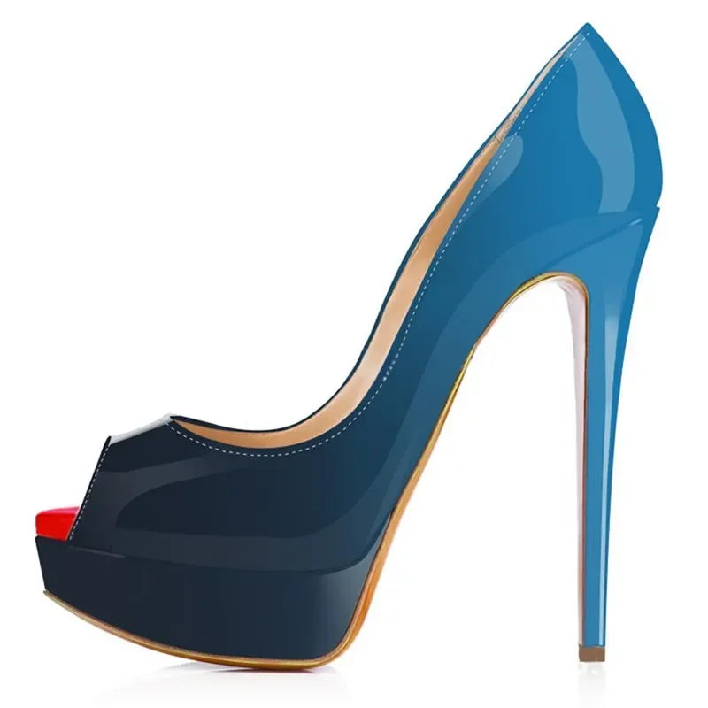 2026 New Women Pumps Sexy Platform Peep Toe 14cm Extremely High Heels Stiletto Patent Leather Party Nighclub Red Wedding Shoes