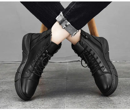 Ankle Boots Black PU Leather Men's Sports Shoes Autumn Winter Comfortable High-top Casual Fashion Platform Boots Man Round Head